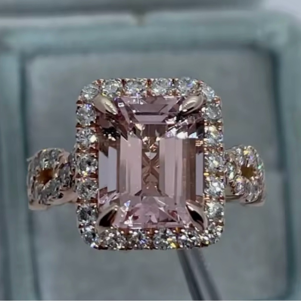 NEW Sparkling Pink Emerald-Cut Halo Ring - Women Jewelry